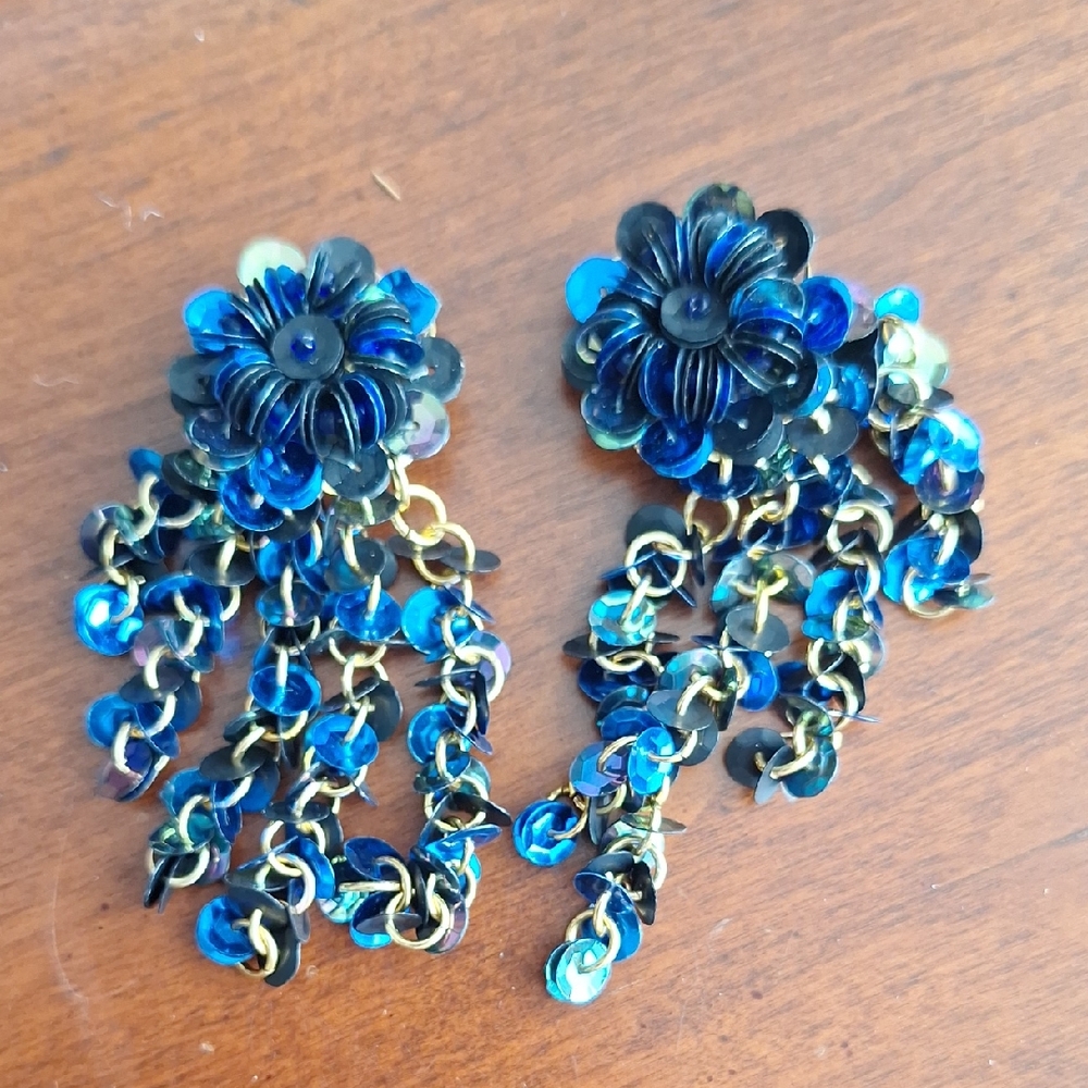 Vintage Blue Sequin Flower Earrings